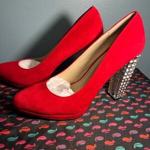 RCK BELLA Red Suede Crystal Embellished Block Heels Sz 10